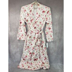 Charter Club Robe Women's M/L Cotton Floral Long Belted Pockets Roses Pink